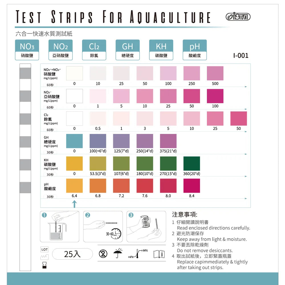 ISTA六合一快速水質測試紙(NO2-/NO3-/pH/KH/GH/Cl2)